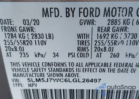 2020 Lincoln Aviator Reserve z USA, uszkodzony, nr VIN 5LM5J7WC6LGL26497